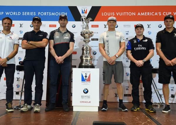 (from left to right) Groupama Team France skipper Frank Cammas, Artemis Racing Helmsan Francesco Bruni, Land Rover BAR Team Principal, Skipper and Helmsman Sir Ben Ainslie, Oracle team USA skipper and Helmsman Jimmy Spithill, Emirates Team New Zealand skipper and sailing director Glenn Ashby and Softbank Team Japan's CEO and Skipper Dean Barker. Picture: Andrew Matthews/PA