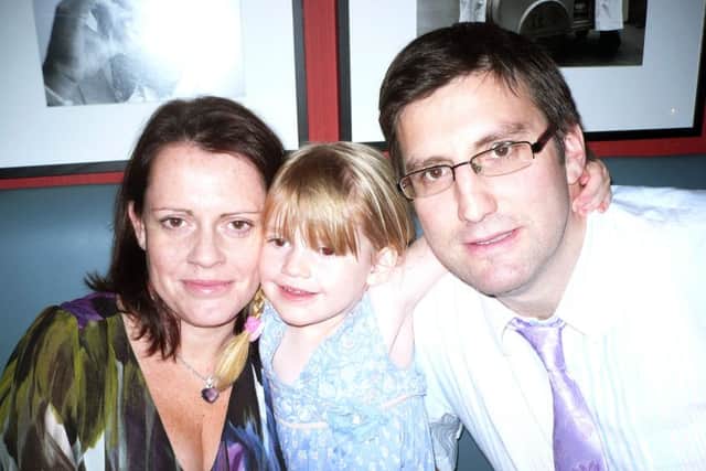 Angela Tugwell with her husband Ted and daughter Emma at her 40th birthday party