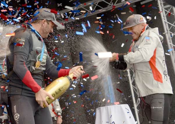 Sir Ben Ainslie of team Land Rover BAR celebrates their win with Jimmy Spithill of Oracle Team USA. 

Picture: Paul Jacobs (160270-121)