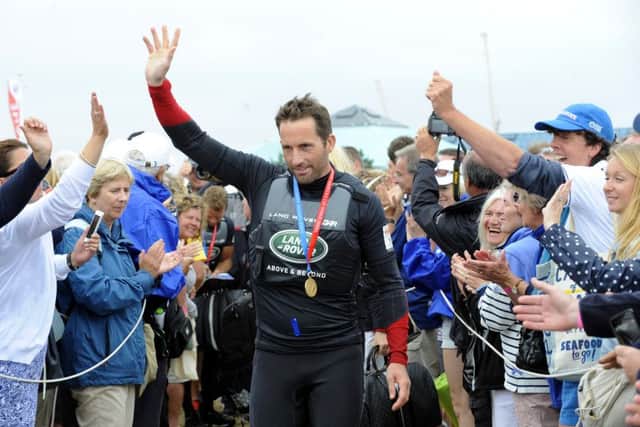 Sir Ben Ainslie celebrates after leading Land Rover BAR to America's Cup glory in Portsmouth    Picture: Malcolm Wells
