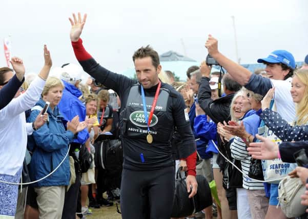 Sir Ben Ainslie celebrates after leading Land Rover BAR to America's Cup glory in Portsmouth    Picture: Malcolm Wells