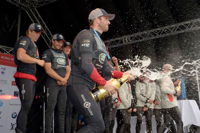 Sir Ben Ainslie and Land Rover BAR celebrate.  Picture: Paul Jacobs (160270-118)
