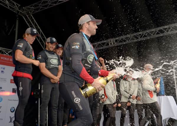 Sir Ben Ainslie and Land Rover BAR celebrate.  Picture: Paul Jacobs (160270-118)