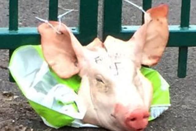 A pig's head left tied to the Madani school gate in Portsmouth, with an obscene message PPP-160121-161544001