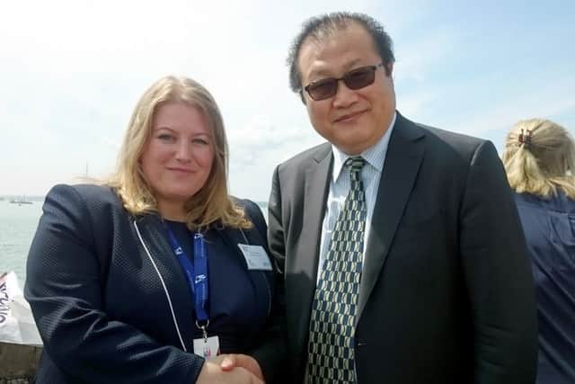 Councillor Donna Jones, leader of Portsmouth City Council, with Jin Xu, minister counsellor of the economic and commercial office of the Chinese Embassy, at Southsea Castle during the Portsmouth America's Cup World Series