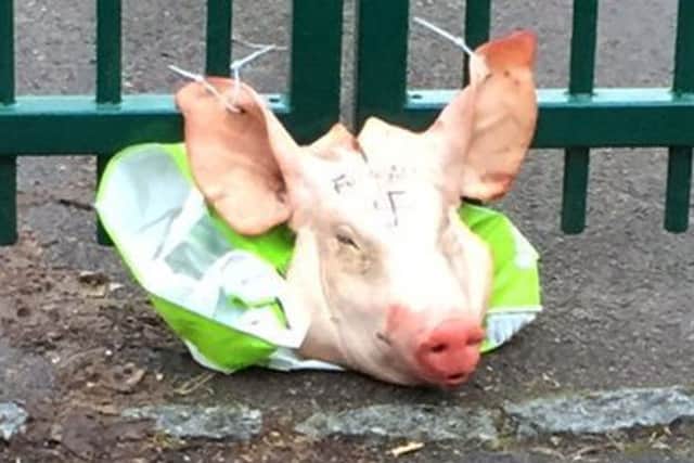 The pig's head tied to the Madani school gate in Portsmouth