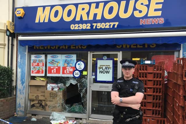Damage at Moorhouse News in Meon Road, Milton, yesterday morning Picture: Ben Fishwick