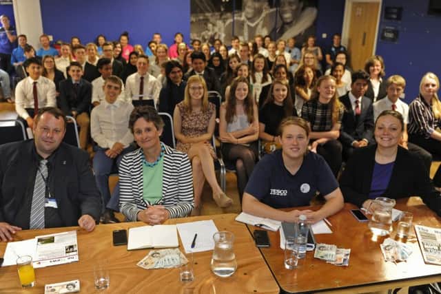 The National Citizens Service Dragons at the Pompey Study Centre. From left, Councillor Lee Mason, Portsmouth South MP Flick Drummond, Gemma Morrison from Tesco, and Kimberley Barber from The News Picture Ian Hargreaves (160990-5)