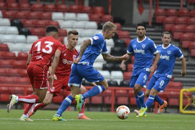 Carl Baker goes on the attack for Pompey in the Blues final pre-season friendly of the summer this afternoon at Bristol City   Picture: Neil Marshall