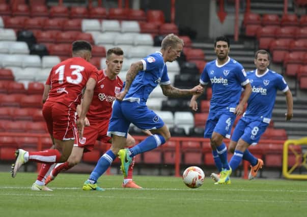 Carl Baker goes on the attack for Pompey in the Blues final pre-season friendly of the summer this afternoon at Bristol City   Picture: Neil Marshall