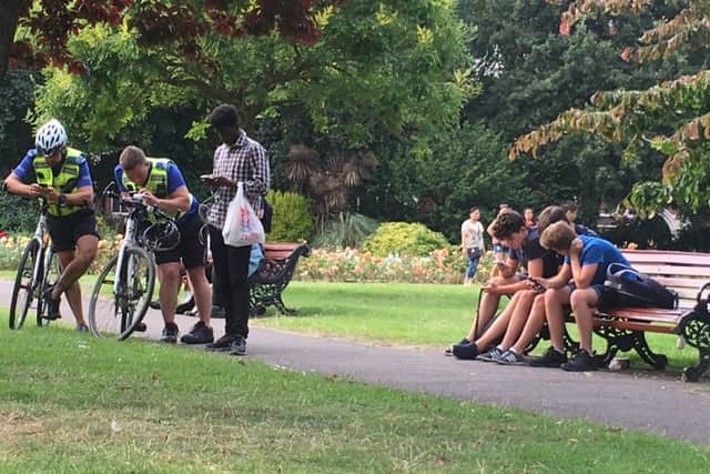 The PCSOs playing Pokemon in Victoria Park  Picture: Connor Paul