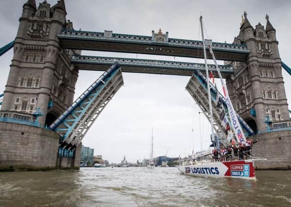 PRIDE PSP Logistics skippered by Max Stunell, from Portsmouth, sailing under Tower Bridge Picture: Clipper Race PR