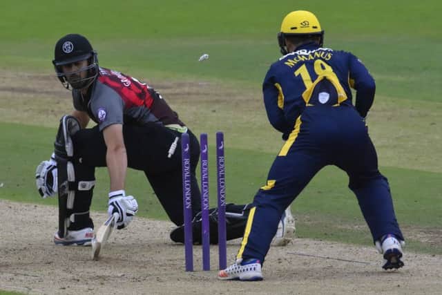 Tim Groenewald is stumped by Lewis McManus as Somerset post 250 for nine. Picture: Neil Marshall