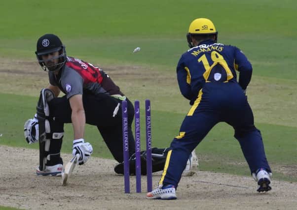 Tim Groenewald is stumped by Lewis McManus as Somerset post 250 for nine. Picture: Neil Marshall