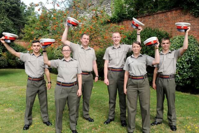 Six of the seventeen musicians who will be staying in Portsmouth or HMS Collingwood. Musicians Richard Sharp, Sara Sutton, Finlay McCall, Joshua Young, Bugler Hayley Stead and Musician Peter Gibson. Picture: Sarah Standing (161117-571)