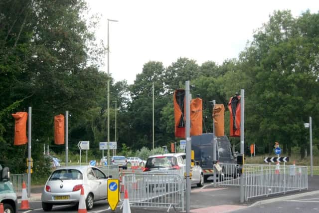 Traffic queueing at the roundabout in Bedhampton
