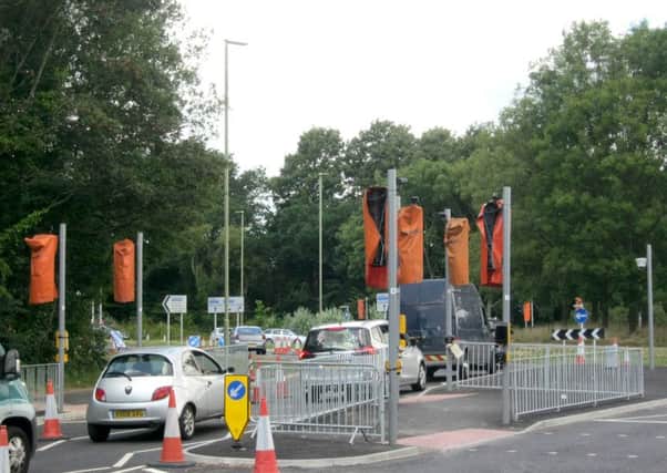Traffic queueing at the roundabout in Bedhampton