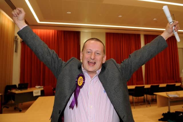 Ukip's Ray Finch celebrates after winning in the 2013 local elections in Havant