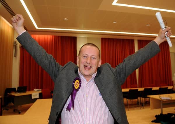 Ukip's Ray Finch celebrates after winning in the 2013 local elections in Havant