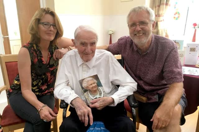 Dr Moon celebrates his 100th birthday at Queen Anne Lodge, Southsea, with his daughter Carolyn and son Graham.