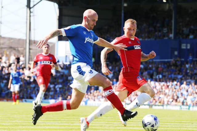 Debutant Drew Talbot in action during today's 1-1 draw with Carlisle at Fratton Park     Picture: Joe Pepler