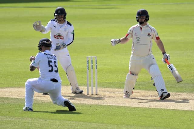 Gareth Andrew takes the catch to dismiss Steven Croft in Lancashires second innings. Picture: Neil Marshall