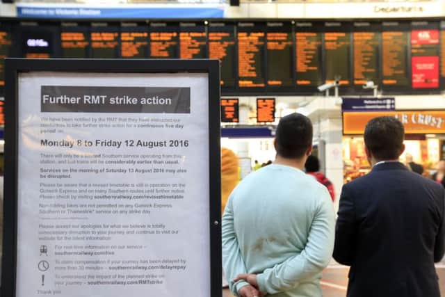 A sign inside Victoria Station in London, as hundreds of thousands of rail passengers face a week of travel chaos because of a five-day strike in an escalating dispute over the role of conductors. 
Picture: Jonathan Brady/PA Wire