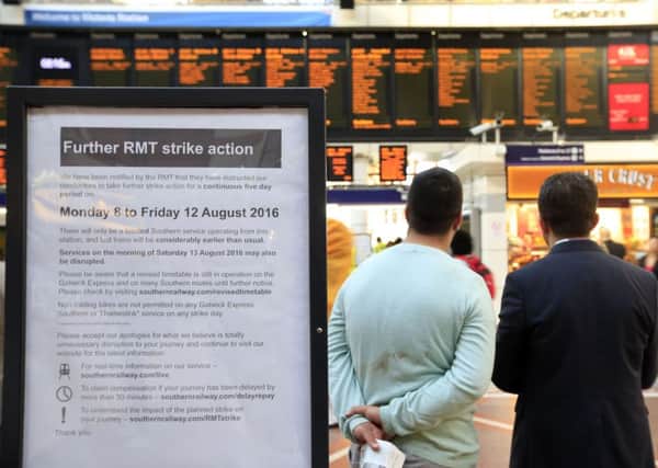 A sign inside Victoria Station in London, as hundreds of thousands of rail passengers face a week of travel chaos because of a five-day strike in an escalating dispute over the role of conductors. 
Picture: Jonathan Brady/PA Wire