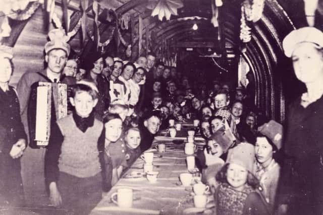 Christmas party inside the Cliffdale Tunnel at Portsdown Hill on December 19, 1942