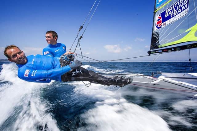 Dylan Fletcher and Alain Sign training in the 49er at Weymouth after being selected for Rio 2016. Picture: Richard Langdon/British Sailing