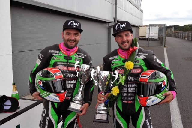 Ricky Stevens, left, and Ryan Charlwood enjoy their success at Mallory Park. Picture: John Mushet