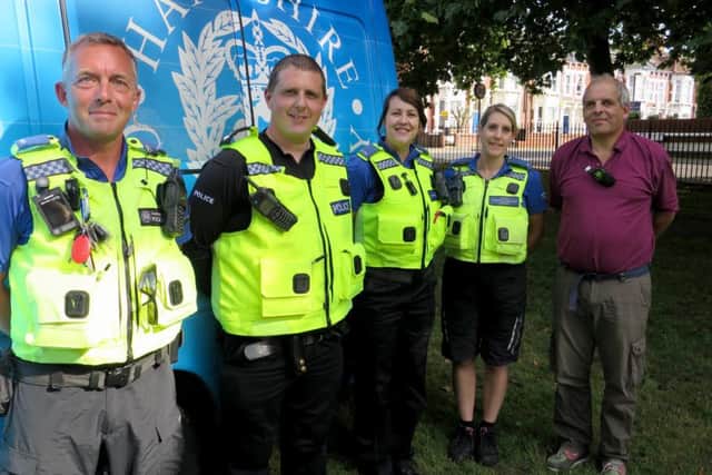From left, PCSO Kevin Newby, Sgt Dean Juster, PCSOs Donna Needham and Susan Smith, and community speed watch co-ordinator Kevin Chippindall-Higgin in Waverley Road gardens