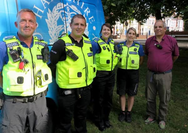 From left, PCSO Kevin Newby, Sgt Dean Juster, PCSOs Donna Needham and Susan Smith, and community speed watch co-ordinator Kevin Chippindall-Higgin in Waverley Road gardens
