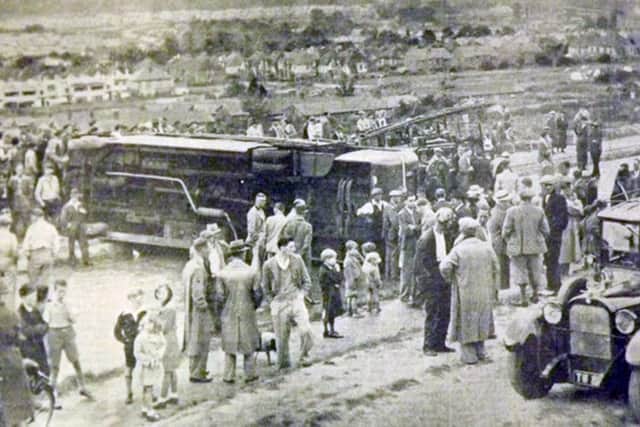 A view of the coach that overturned on Portsdown Hill east of the George pub.