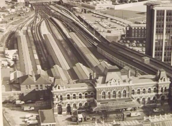 A view over the Post Office roof to the frontage of Portsmouth & Southsea Station and onward to Fratton.