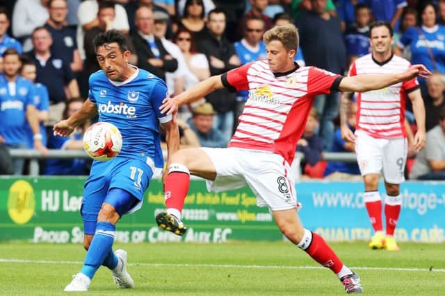 Gary Roberts in action at Crewe this afternoon Picture: Joe Pepler