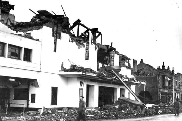 The Carlton cinema, Cosham, damaged in a heavy German raid on Portsmouth on December 5, 1940, which killed 44 and left 140 in hospital. The lady mayoress, who had been in the cinema, left shortly before the bomb dropped. The Carlton was repaired and reopened while the war was still at its height.