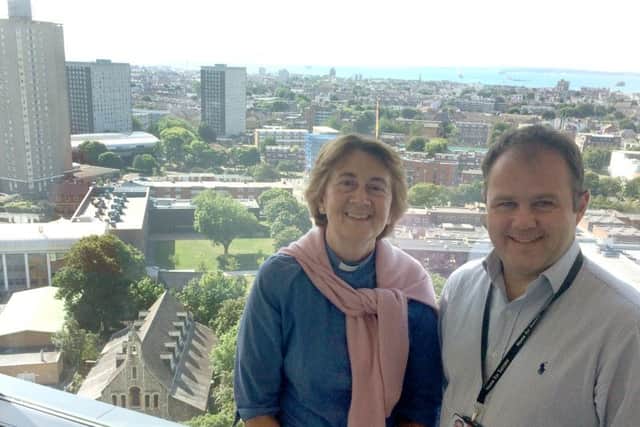 WELCOME: Annie McCabe and Martin Griffiths in the new student halls overlooking the church