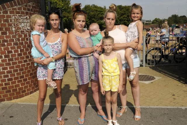 From left, Nancy Littlefield with her mum Paula Littlefield, Chaleigh Fletcher with her son Tommy Robertson and Stephanie Baker with daughter Cherish-Lou Hardy and Taleigha Collins at the front Picture: Malcolm Wells (160816-4056)