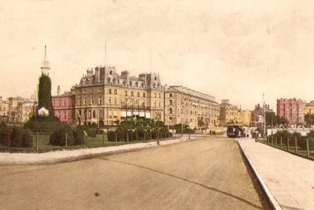 A lovely hand-tinted postcard showing the Royal Pier Hotel and Southsea Terrace