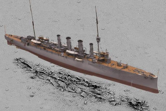 Handout photo issued by Historic England of a 3D scan of HMS Falmouth superimposed on a seabed survey of the wreck by Historic England's imaging team as the wrecked British ship which fought in the Battle of Jutland has been brought "back to life" with digital technology to mark the centenary of its sinking.
Picture: Historic England/PA Wire