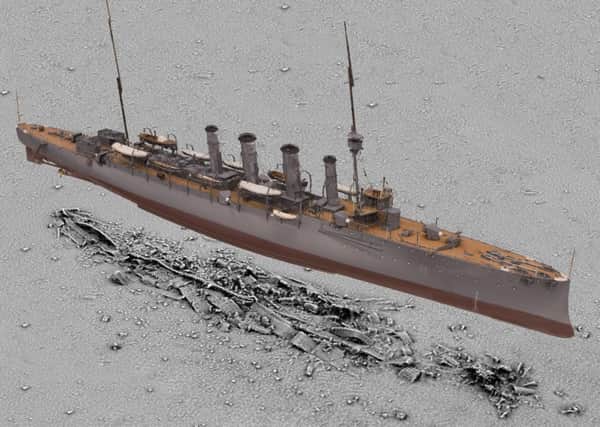 Handout photo issued by Historic England of a 3D scan of HMS Falmouth superimposed on a seabed survey of the wreck by Historic England's imaging team as the wrecked British ship which fought in the Battle of Jutland has been brought "back to life" with digital technology to mark the centenary of its sinking. 
Picture: Historic England/PA Wire