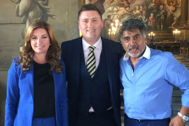 Karren Brady, Adam Razzell and James Caan during the filming of Top Recruiter