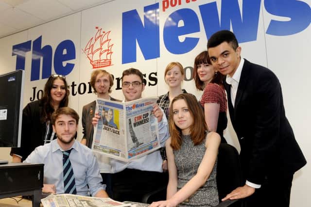 Last year's Highbury College students at The News offices. Back from left, Lola Mayor, Peter Marcus, Imogen Marshall and Sasha Barker with, front from left, Oli Price, Ermis Madikopoulos, Shannon Johnson and Daniel ChalkleyPicture: Sarah Standing (151844-454)