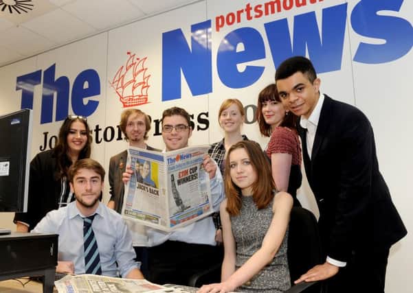 Last year's Highbury College students at The News offices. Back from left, Lola Mayor, Peter Marcus, Imogen Marshall and Sasha Barker with, front from left, Oli Price, Ermis Madikopoulos, Shannon Johnson and Daniel Chalkley

Picture: Sarah Standing (151844-454)