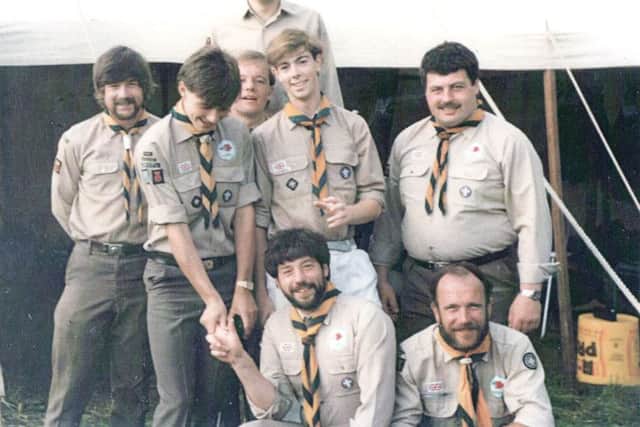 Summer camp 1986. Rear: David Coppini; Middle (l to r): Paul Clark, Paul Holman, Chris Hall, Ed Morehouse, Paul Pascoe; Front: Peter Adams and John Penfold