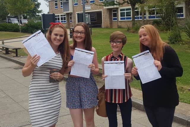 Caitlyn Chetwood, Georgia Haldick, Kaydee King and Alanta Vincent with the GCSE results at Brune Park