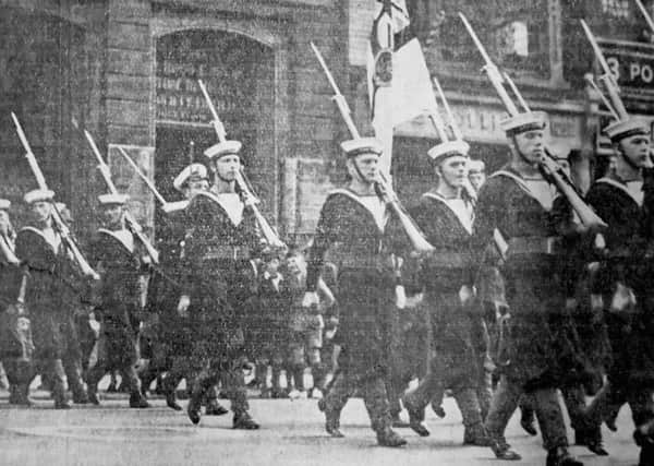 In 1939,  the Kings Colour was marched through Portsmouth from HMS Excellent, Whale Island, to the  Royal Naval Barracks, Queen Street.