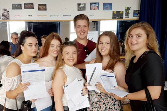Hannah Brown, Lauren Sedgewick, Britaney Wildig, Bradley Jackson, Kenya Brennan, Megan Farmer, all 16, picking up GCSE results at Mayfield School in North End. PPP-160825-164102001