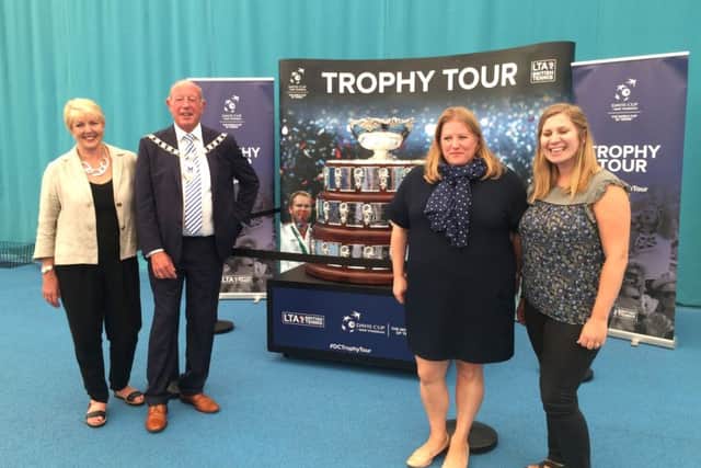 The Davis Cup trophy at  Portsmouth Tennis Centre. From left, cabinet member for culture, leisure and sport Cllr Linda Symes, deputy Lord Mayor Ken Ellcome, council leader Donna Jones and Zoe Bambridge from the Lawn Tennis Association